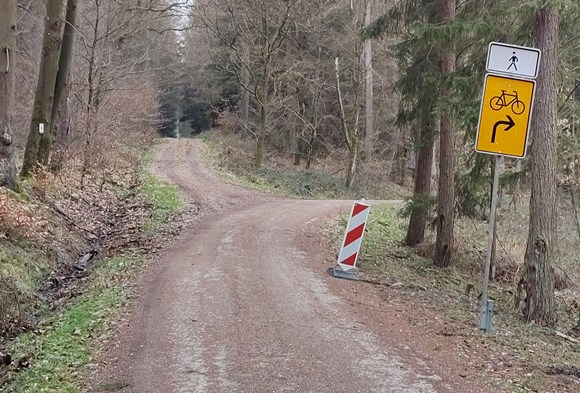 Radwegsperrung Kpperner Tal, Umleitungsschild im Wald