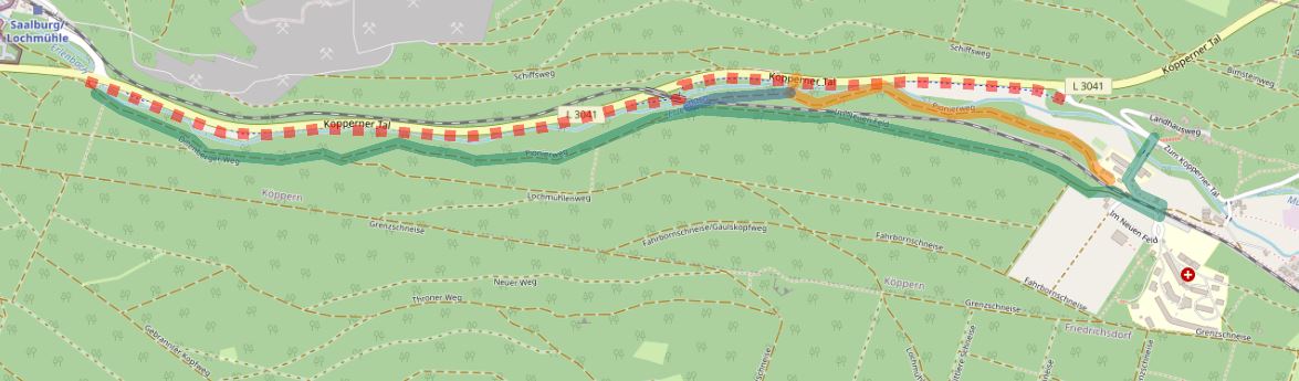 Karte mit Umleitungen zum Radweg im Kpperner Tal, Abschnitt Lochmhle - Kppern