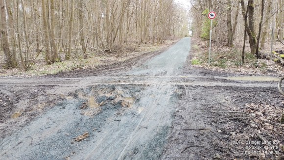 Wegzustand Wehrheim - Usingen im Wald (Ausbauende) - zerstörter Zustand am 17.04.2023