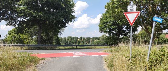 Wegzustand Radweg Wehrheim-Obernhain, Höhe Zufahrt Rosenhof (Markierung, Warnschild)