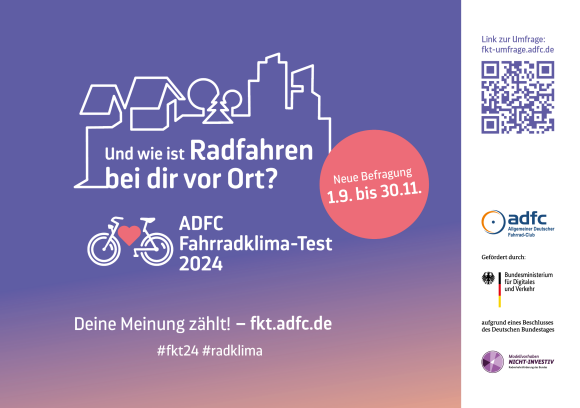 Fahrradklima-Test - zum Portal für Teilnahme (1.9. - 30.11.24) und Ergebnisse 2024 (ab Frühjahr 2025)