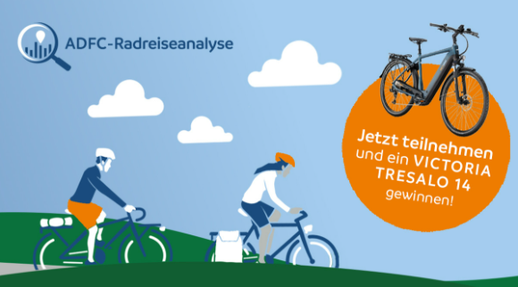 Grafik zur ADFC-Radreisenanalyse, zwei Personen fahren Rad, ein Kreis mit Info, dass man ein Fahrrad gewinnen kann